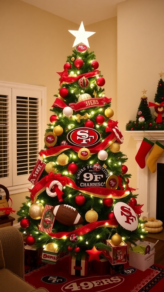 A 49ers themed Christmas tree with red and gold decorations, team logo topper, and cozy holiday setting.